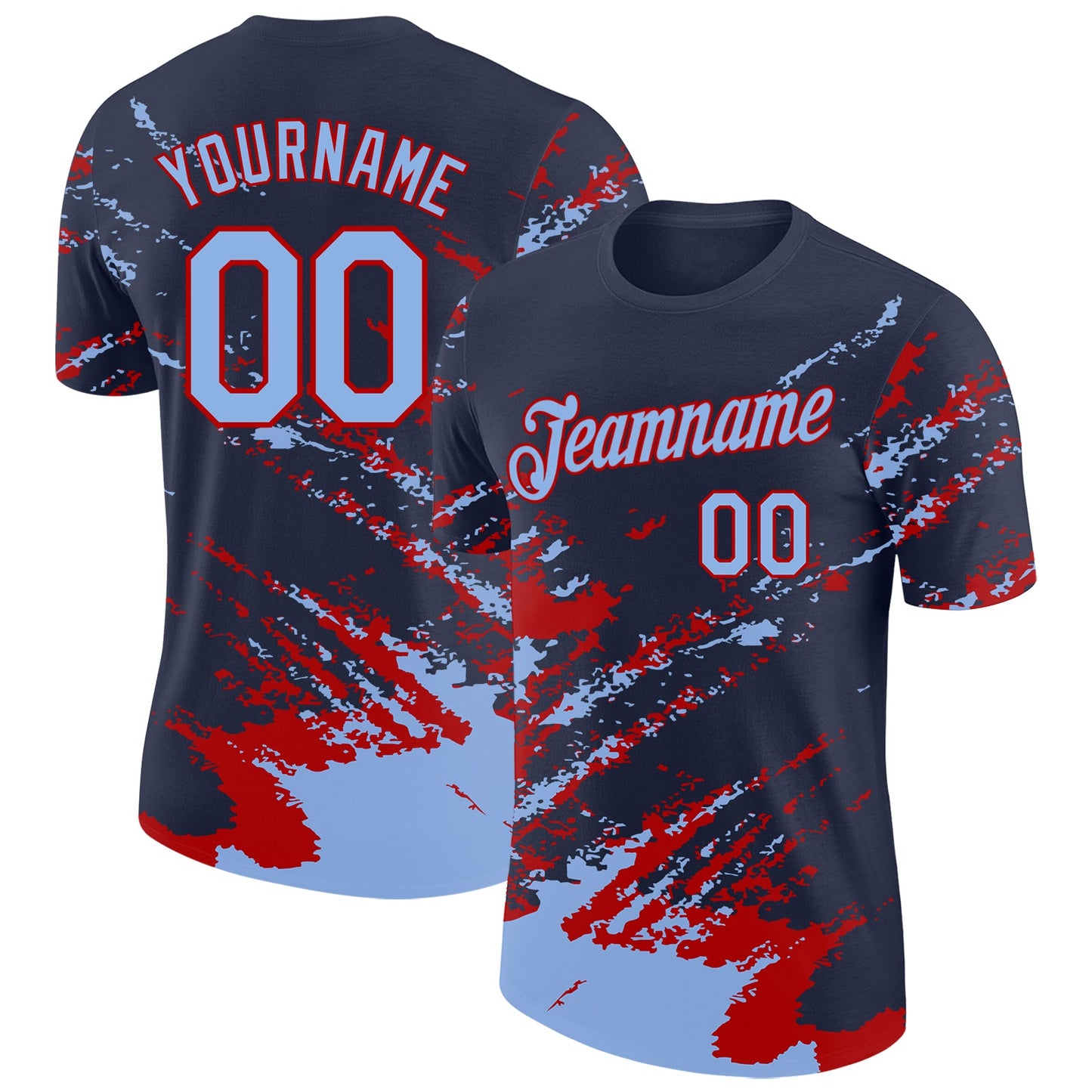 Custom Navy Light Blue-Red Brush Stroke Shatter Splatter Performance T-Shirt - Main View