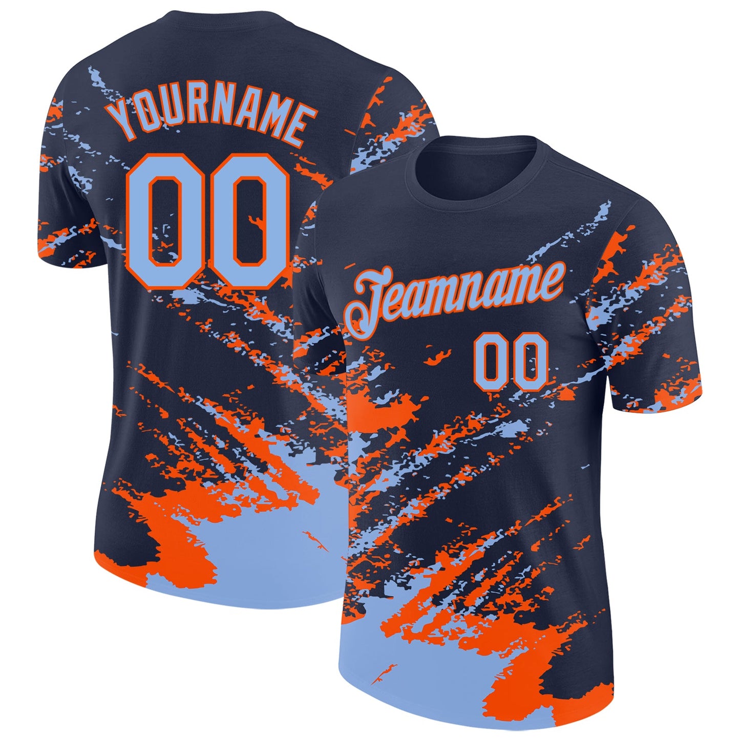 Custom Navy Light Blue-Orange Brush Stroke Shatter Splatter Performance T-Shirt - Main View