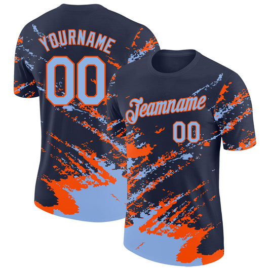 Custom Navy Light Blue-Orange Brush Stroke Shatter Splatter Performance T-Shirt - Main View