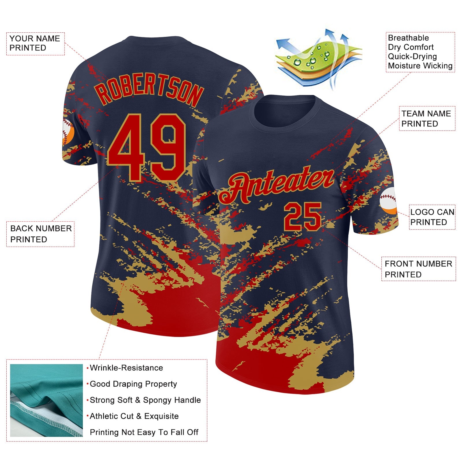 Custom Navy Red-Old Gold Brush Stroke Shatter Splatter Performance T-Shirt view 2