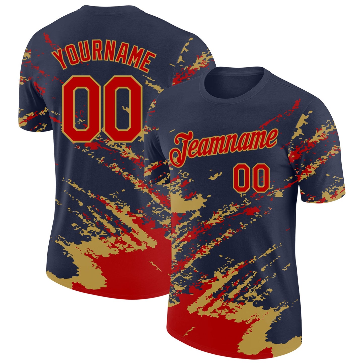 Custom Navy Red-Old Gold Brush Stroke Shatter Splatter Performance T-Shirt - Main View