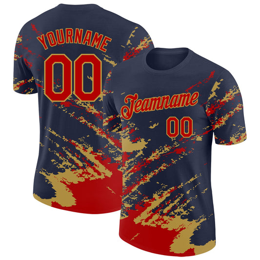 Custom Navy Red-Old Gold Brush Stroke Shatter Splatter Performance T-Shirt - Main View