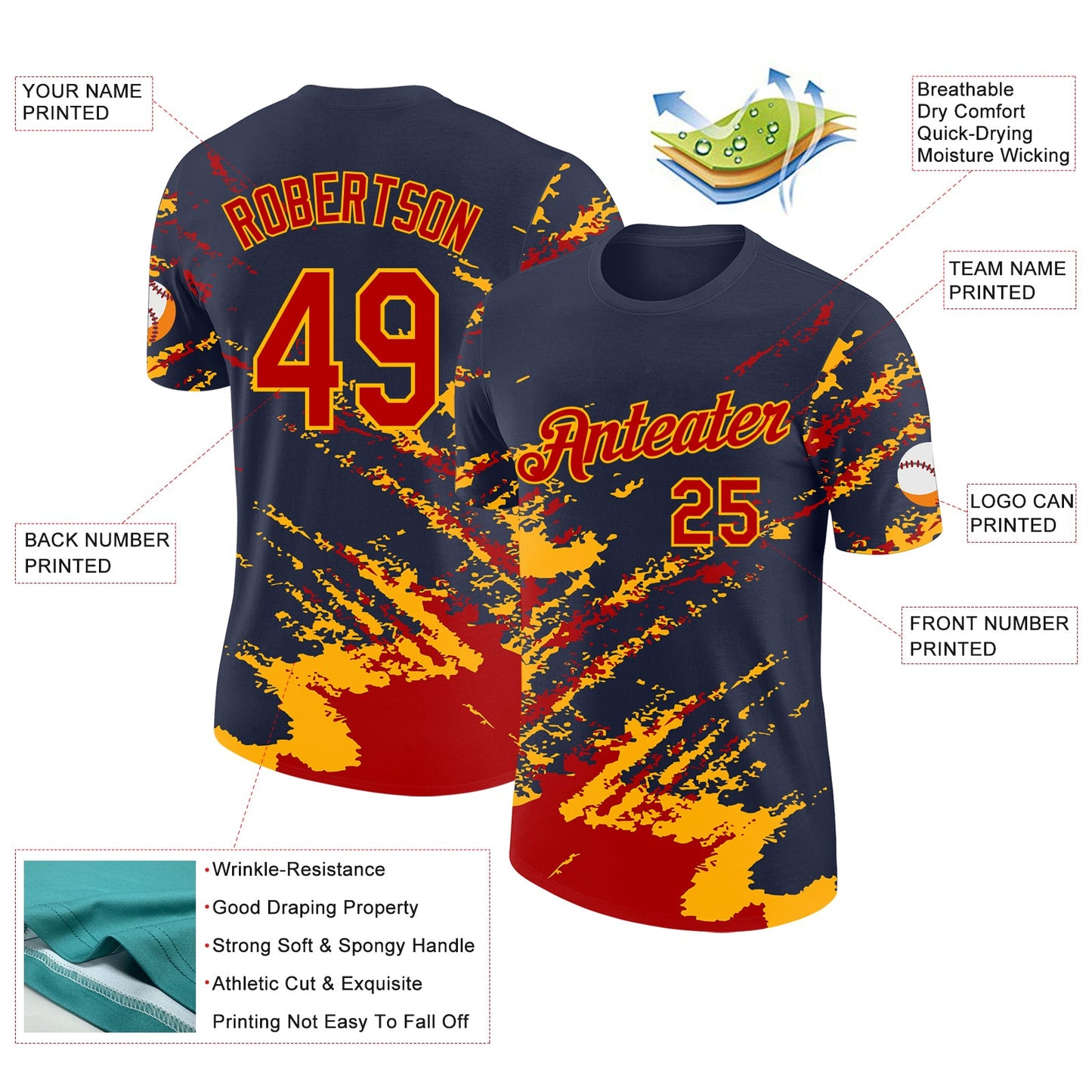 Custom Navy Red-Gold Brush Stroke Shatter Splatter Performance T-Shirt view 2