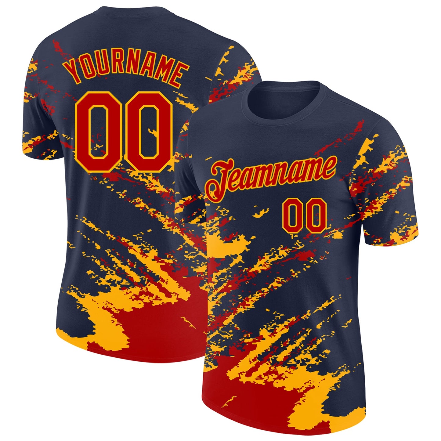 Custom Navy Red-Gold Brush Stroke Shatter Splatter Performance T-Shirt - Main View
