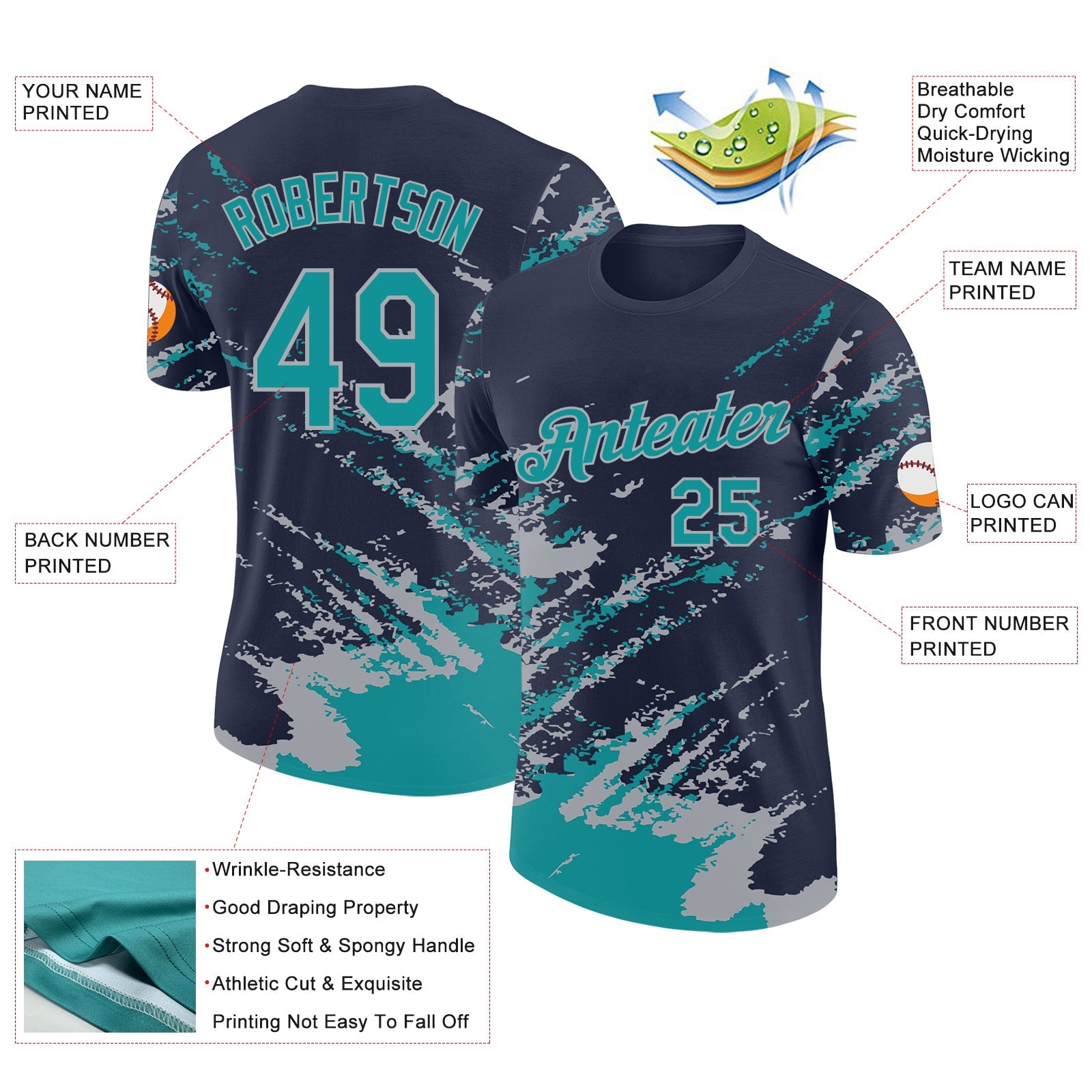 Custom Navy Teal-Gray Brush Stroke Shatter Splatter Performance T-Shirt view 2