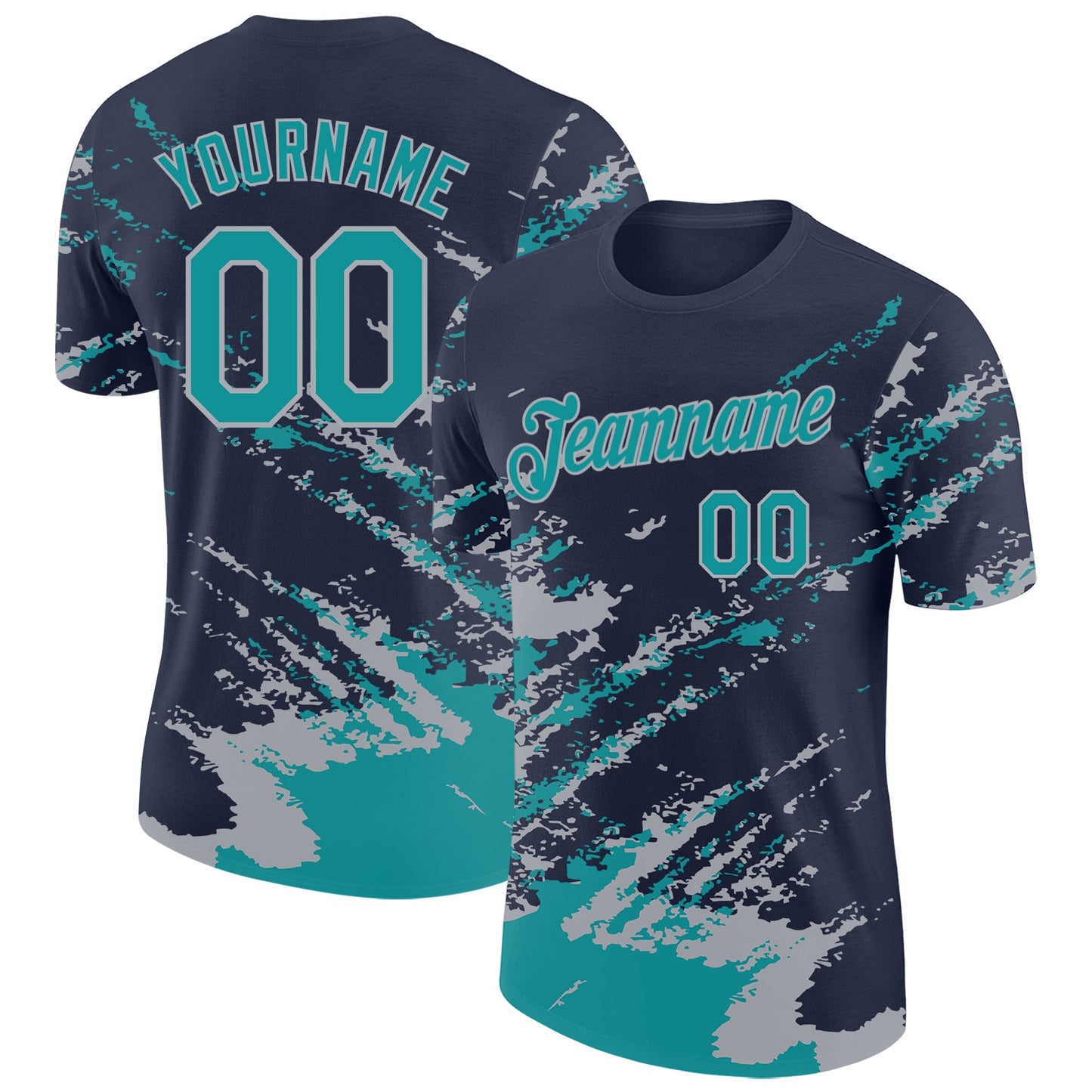Custom Navy Teal-Gray Brush Stroke Shatter Splatter Performance T-Shirt - Main View