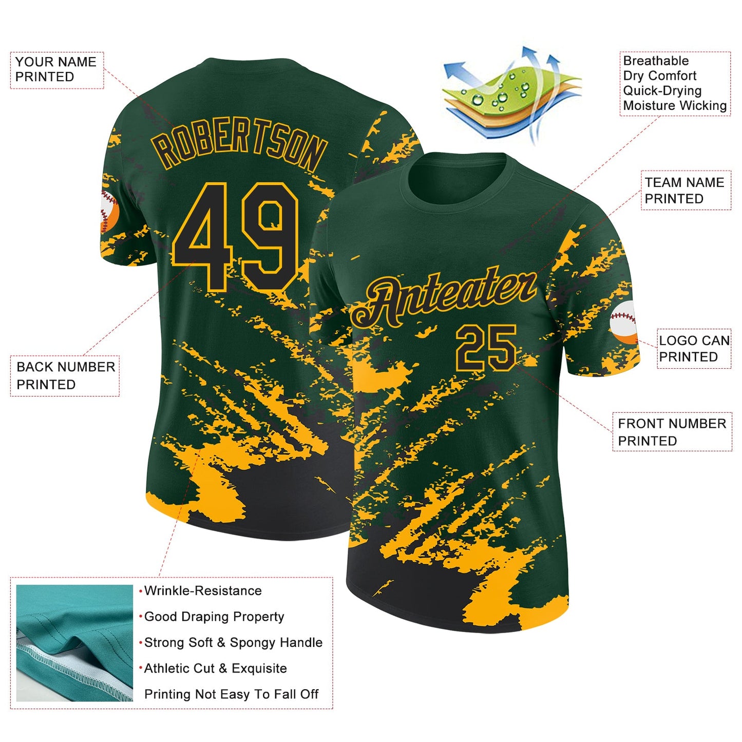 Custom Green Black-Gold Brush Stroke Shatter Splatter Performance T-Shirt view 2