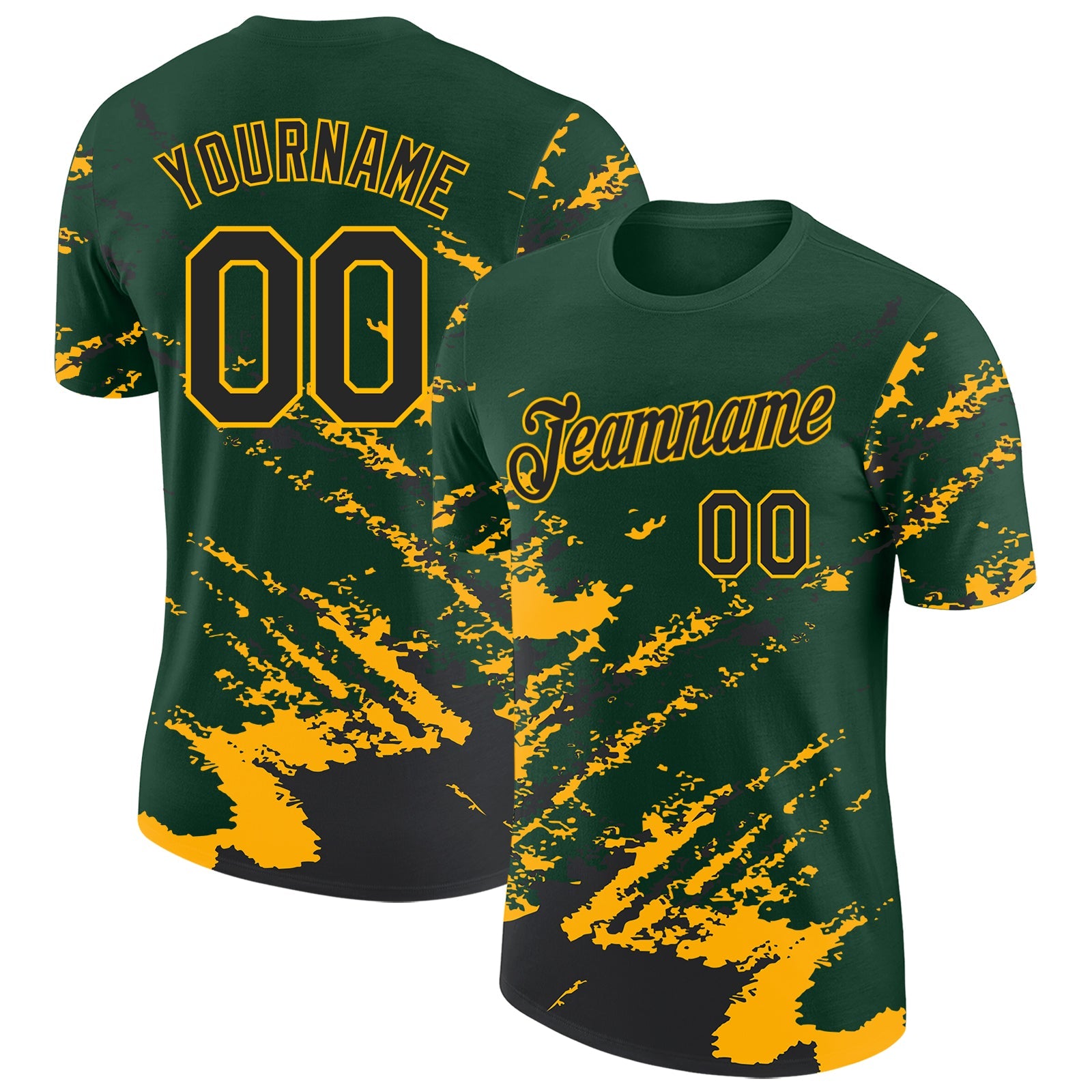 Custom Green Black-Gold Brush Stroke Shatter Splatter Performance T-Shirt - Main View