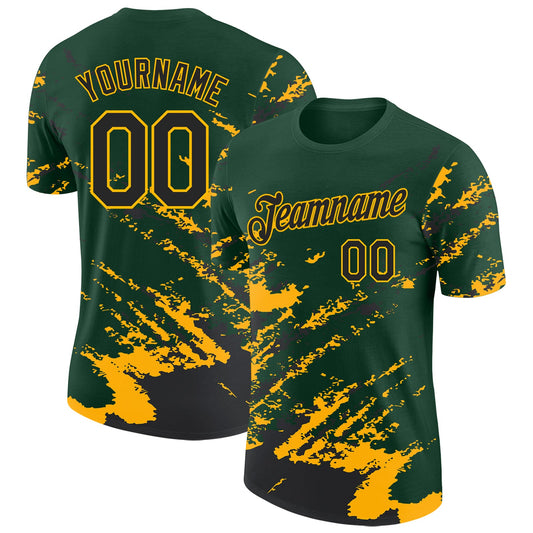 Custom Green Black-Gold Brush Stroke Shatter Splatter Performance T-Shirt - Main View
