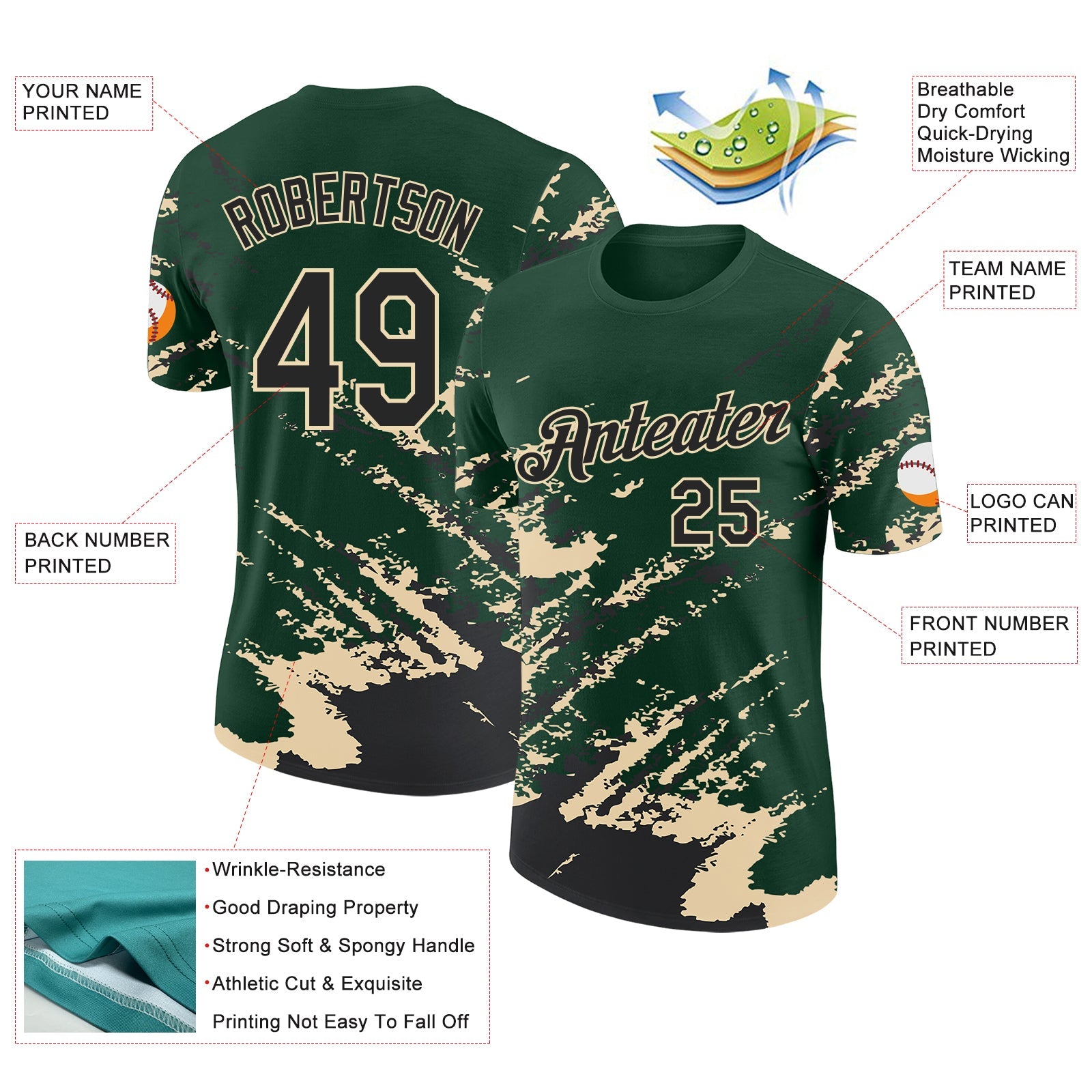 Custom Green Black-Cream Brush Stroke Shatter Splatter Performance T-Shirt view 2