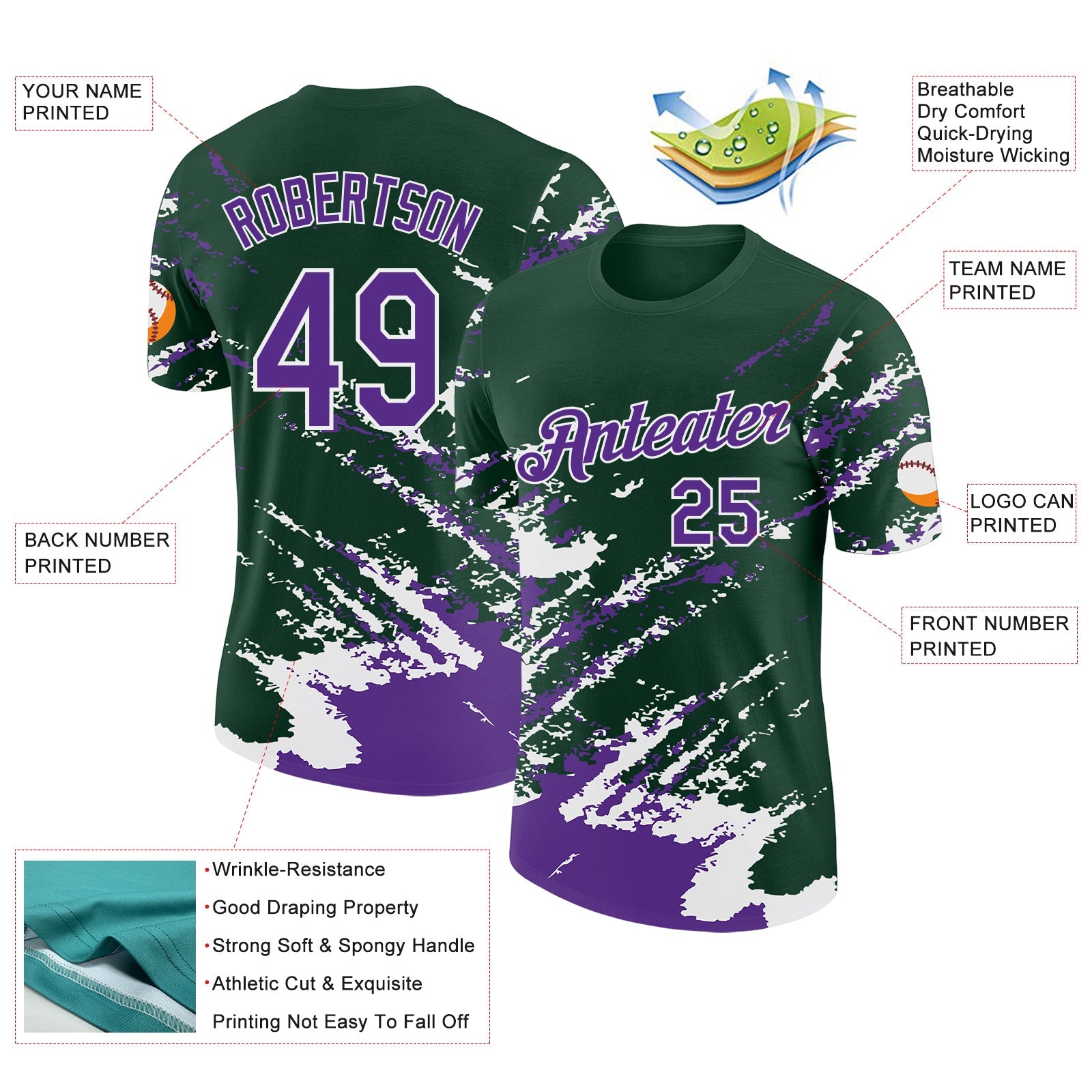 Custom Green Purple-White Brush Stroke Shatter Splatter Performance T-Shirt view 2