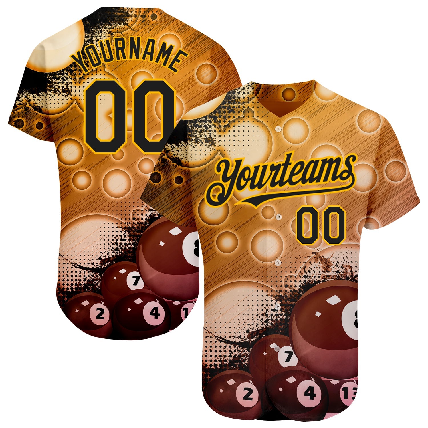 Custom Gold Black 3D Pattern Design Billiards Authentic Baseball Jersey - Main View