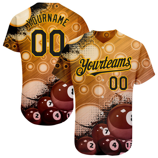 Custom Gold Black 3D Pattern Design Billiards Authentic Baseball Jersey - Main View