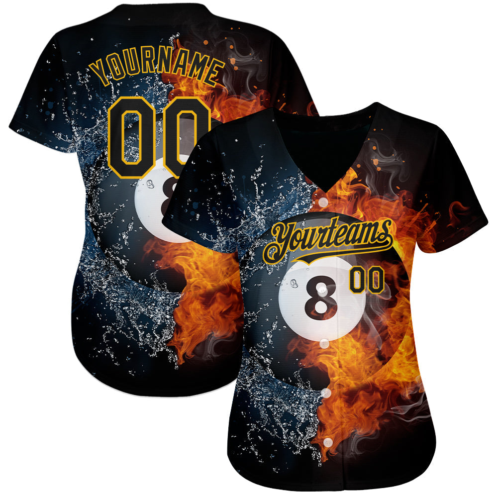 Custom Black Gold 3D Pattern Design Billiards Snooker 8 Ball Authentic Baseball Jersey view 2
