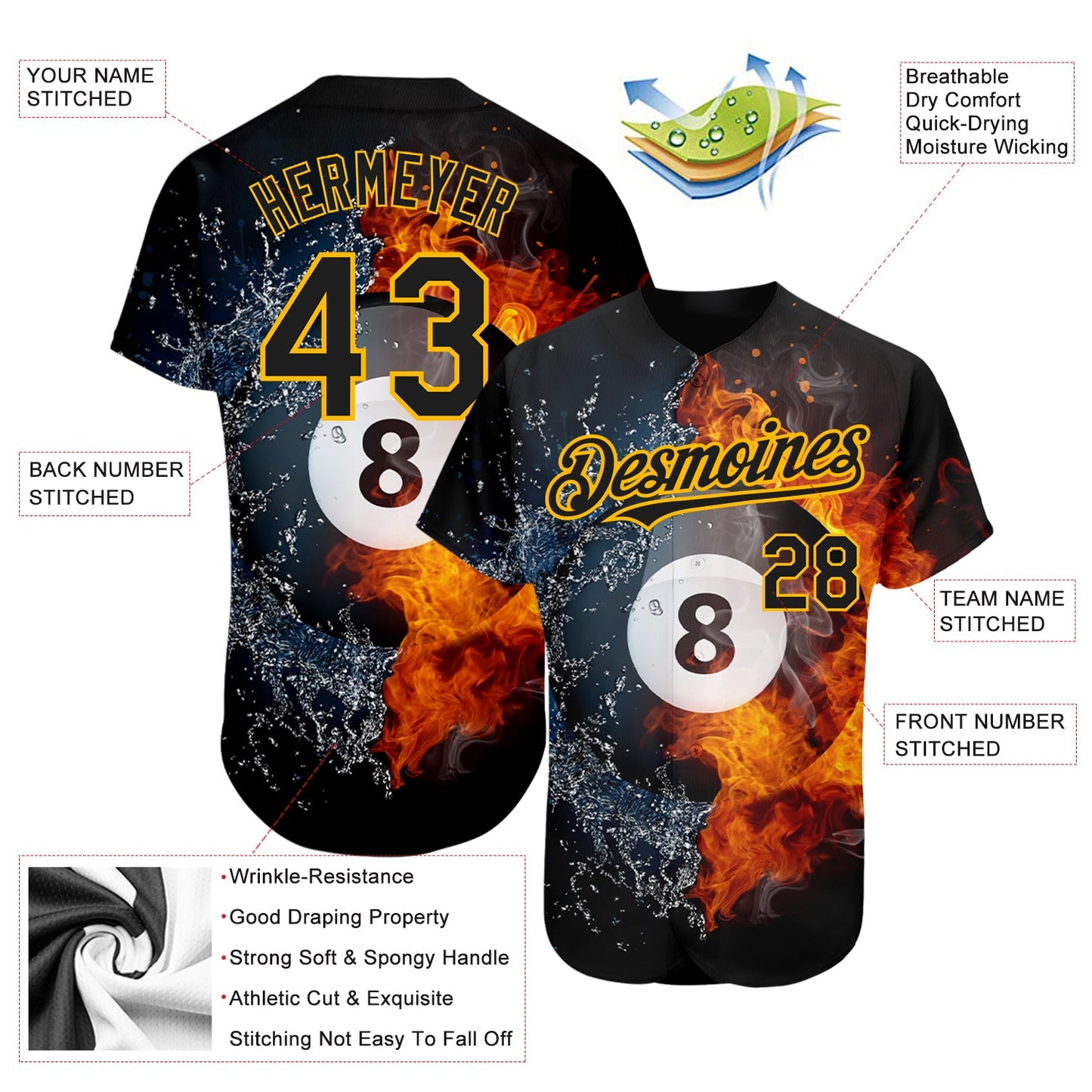 Custom Black Gold 3D Pattern Design Billiards Snooker 8 Ball Authentic Baseball Jersey view 3