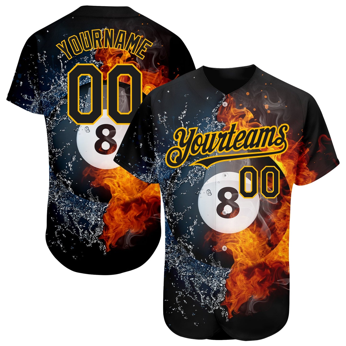 Custom Black Gold 3D Pattern Design Billiards Snooker 8 Ball Authentic Baseball Jersey - Main View