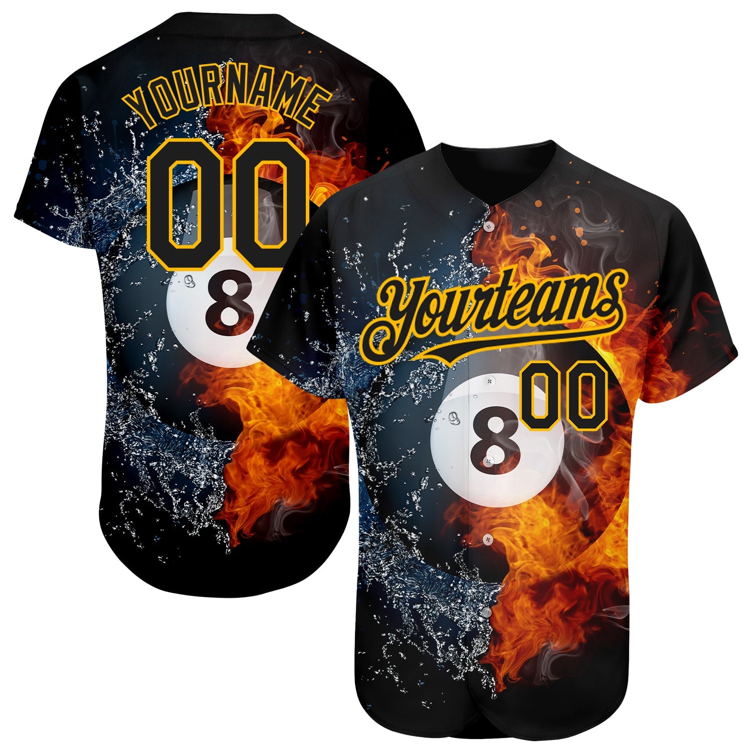 Custom Black Gold 3D Pattern Design Billiards Snooker 8 Ball Authentic Baseball Jersey - Main View