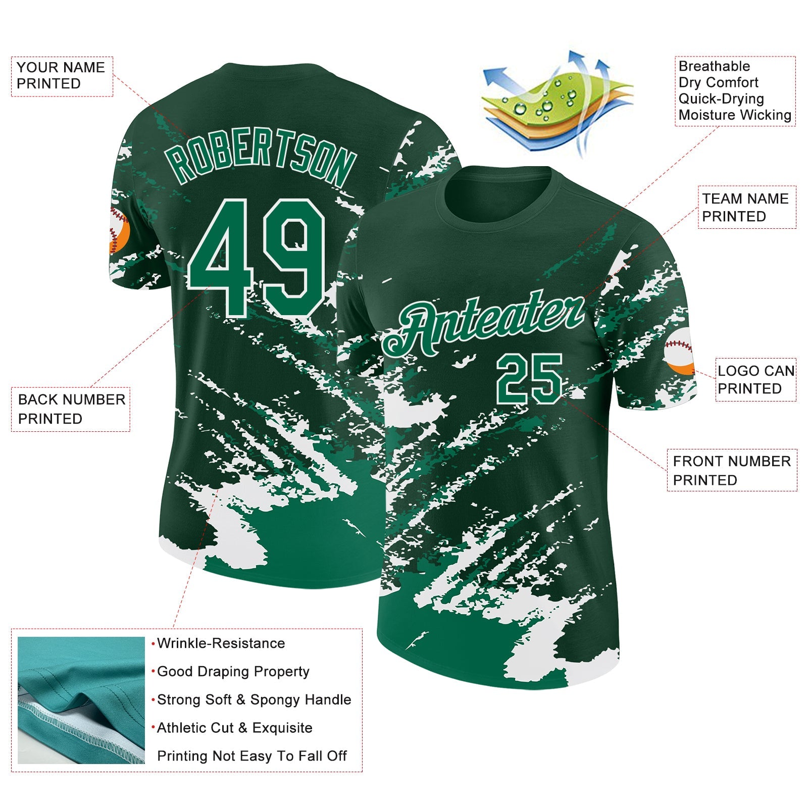 Custom Green Kelly Green-White Brush Stroke Shatter Splatter Performance T-Shirt view 2