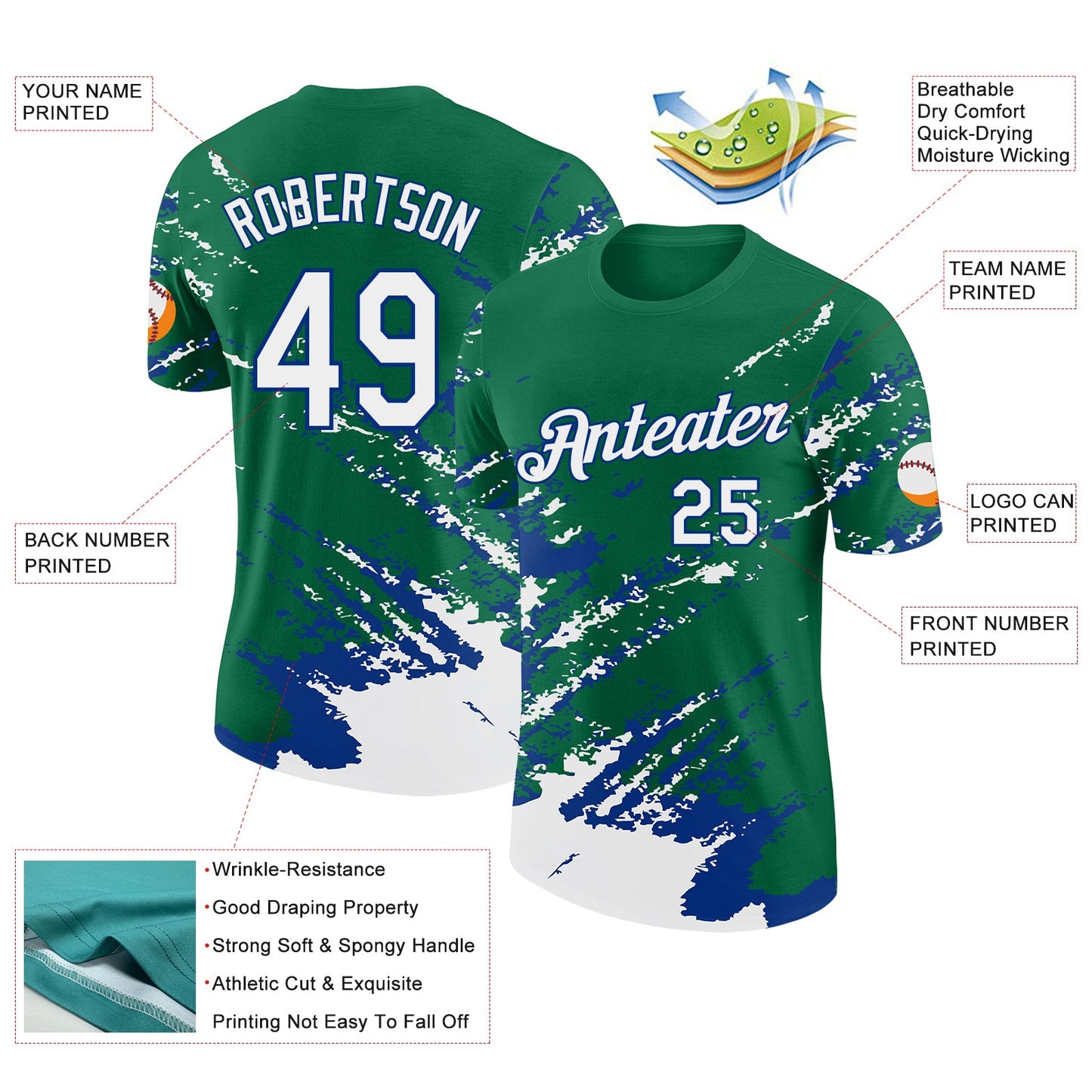Custom Kelly Green White-Royal Brush Stroke Shatter Splatter Performance T-Shirt view 2