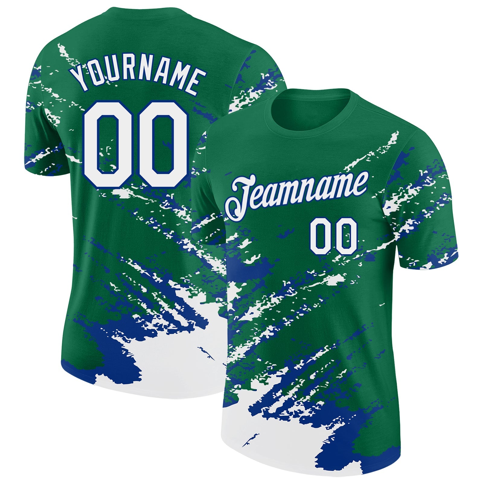Custom Kelly Green White-Royal Brush Stroke Shatter Splatter Performance T-Shirt - Main View