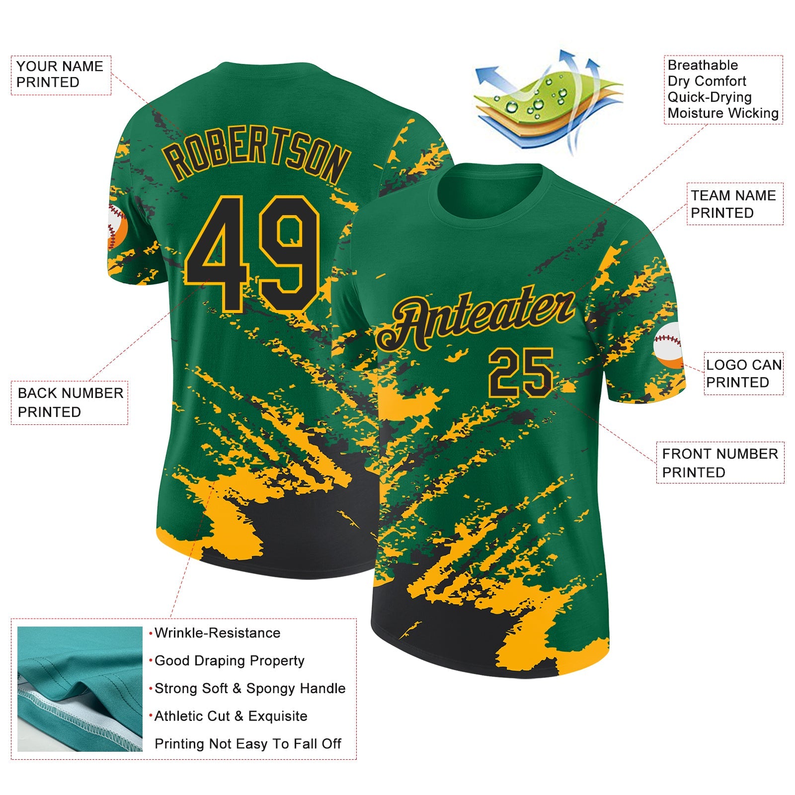 Custom Kelly Green Black-Gold Brush Stroke Shatter Splatter Performance T-Shirt view 2