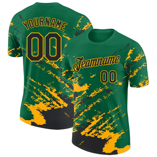 Custom Kelly Green Black-Gold Brush Stroke Shatter Splatter Performance T-Shirt - Main View