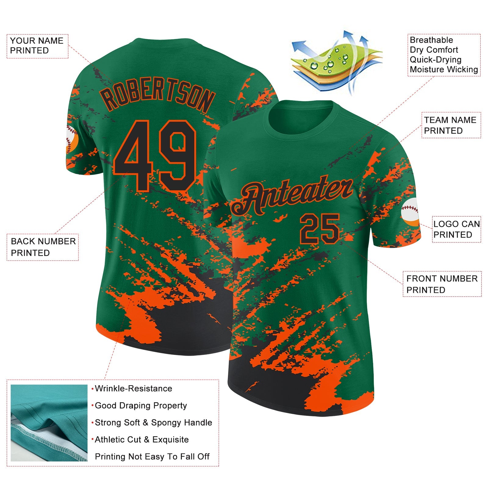 Custom Kelly Green Black-Orange Brush Stroke Shatter Splatter Performance T-Shirt view 2