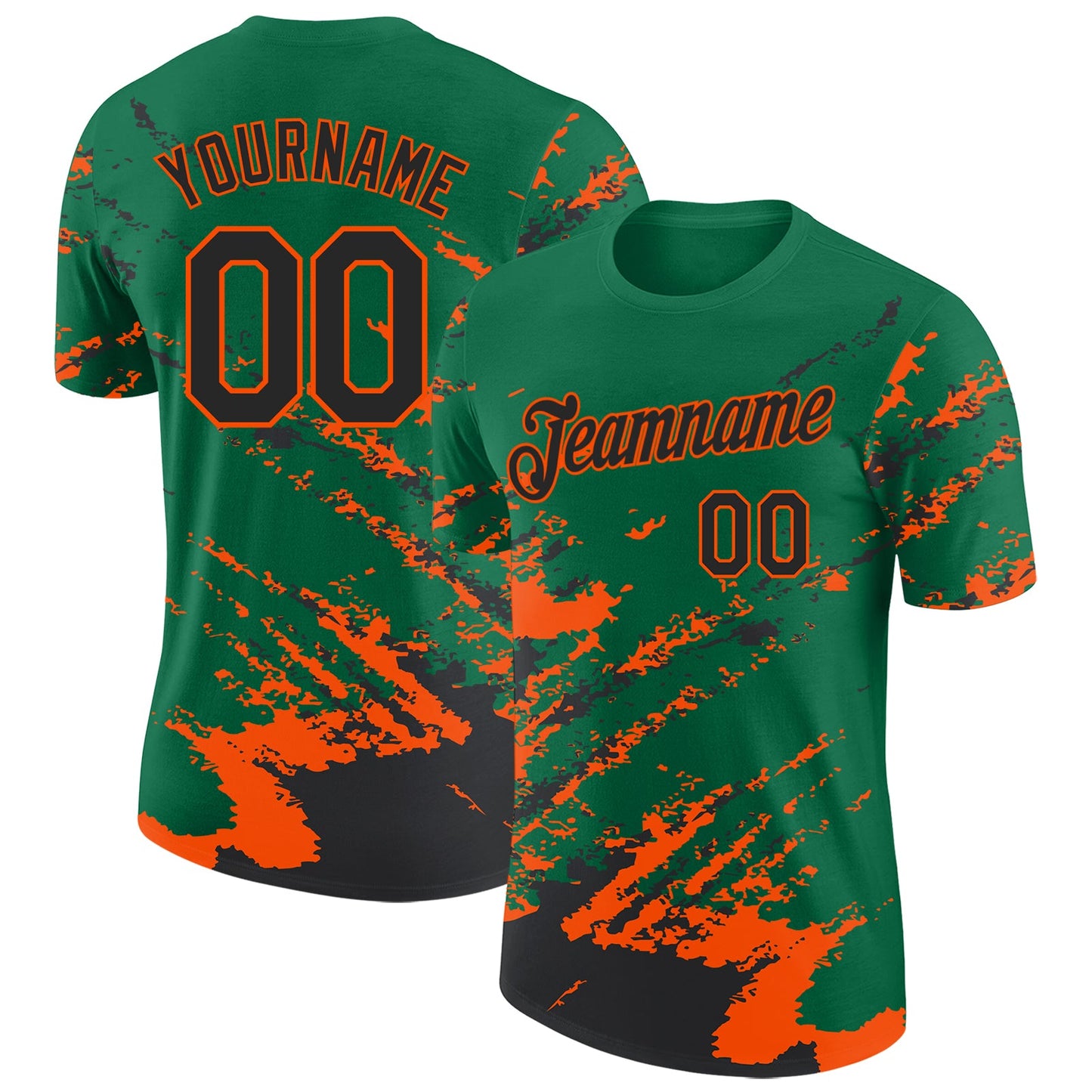 Custom Kelly Green Black-Orange Brush Stroke Shatter Splatter Performance T-Shirt - Main View