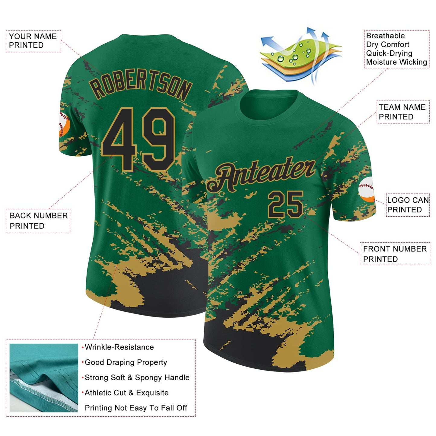Custom Kelly Green Black-Old Gold Brush Stroke Shatter Splatter Performance T-Shirt view 2