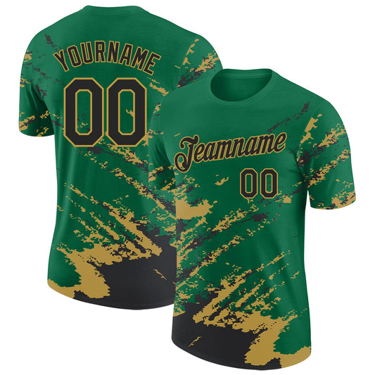 Custom Kelly Green Black-Old Gold Brush Stroke Shatter Splatter Performance T-Shirt - Main View