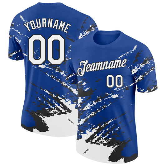 Custom Royal White-Black Brush Stroke Shatter Splatter Performance T-Shirt - Main View