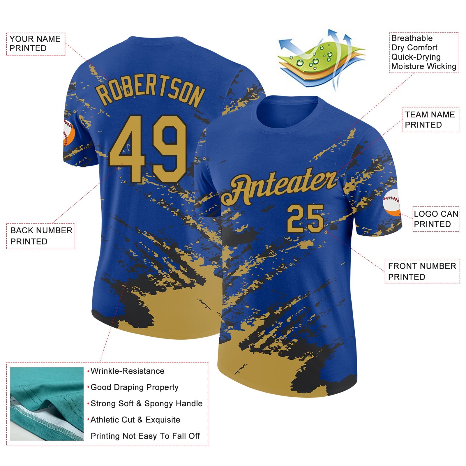 Custom Royal Old Gold-Black Brush Stroke Shatter Splatter Performance T-Shirt view 2