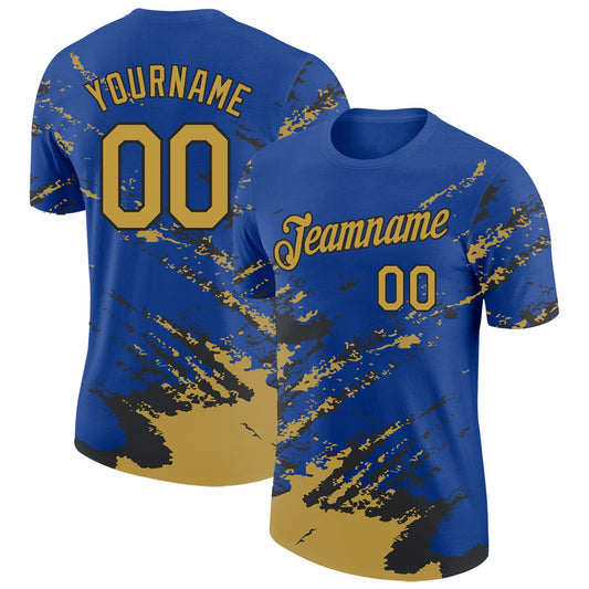 Custom Royal Old Gold-Black Brush Stroke Shatter Splatter Performance T-Shirt - Main View