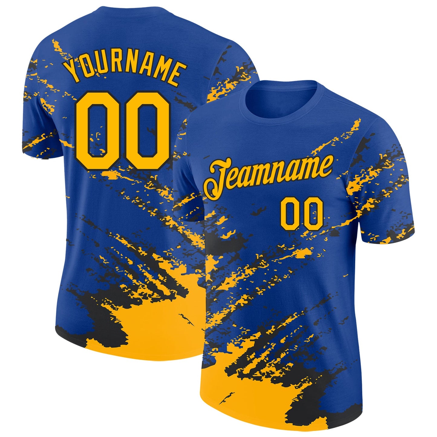Custom Royal Gold-Black Brush Stroke Shatter Splatter Performance T-Shirt - Main View
