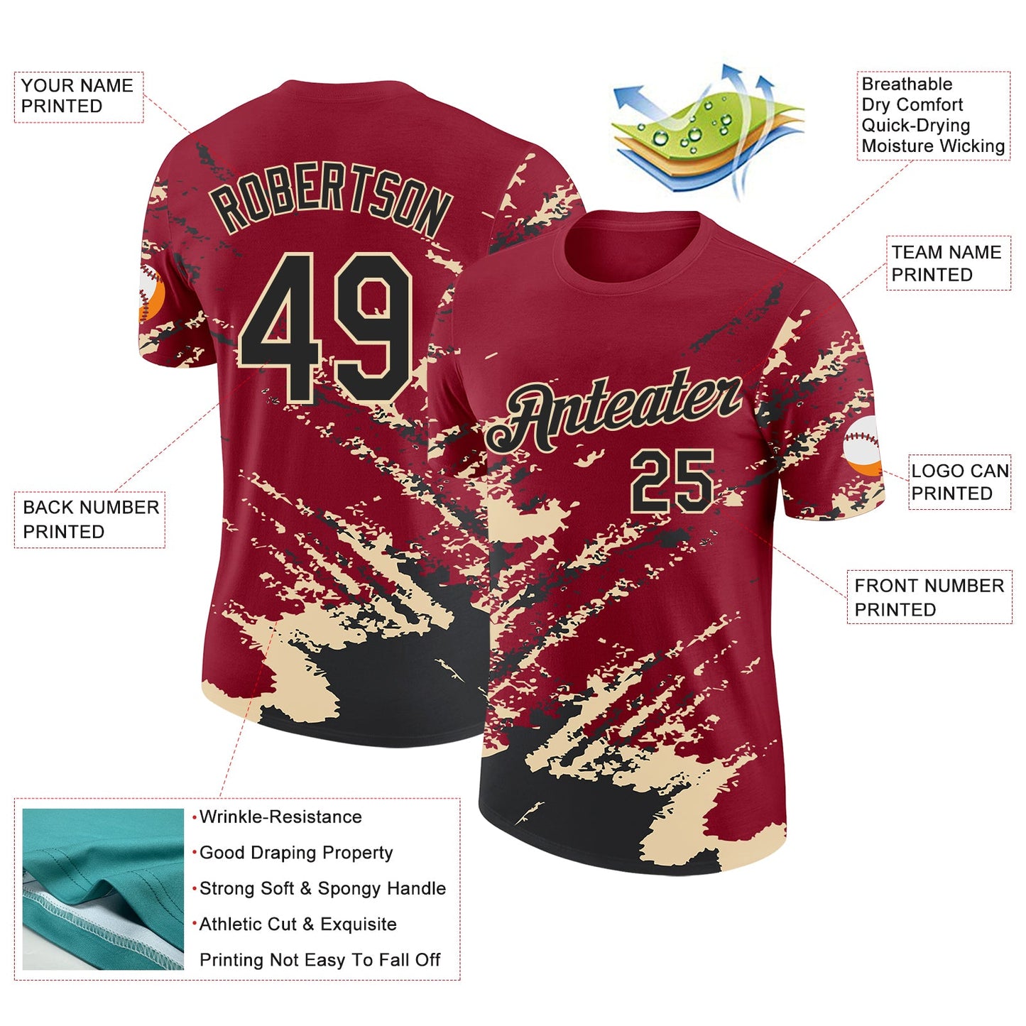 Custom Crimson Black-Cream Brush Stroke Shatter Splatter Performance T-Shirt view 2