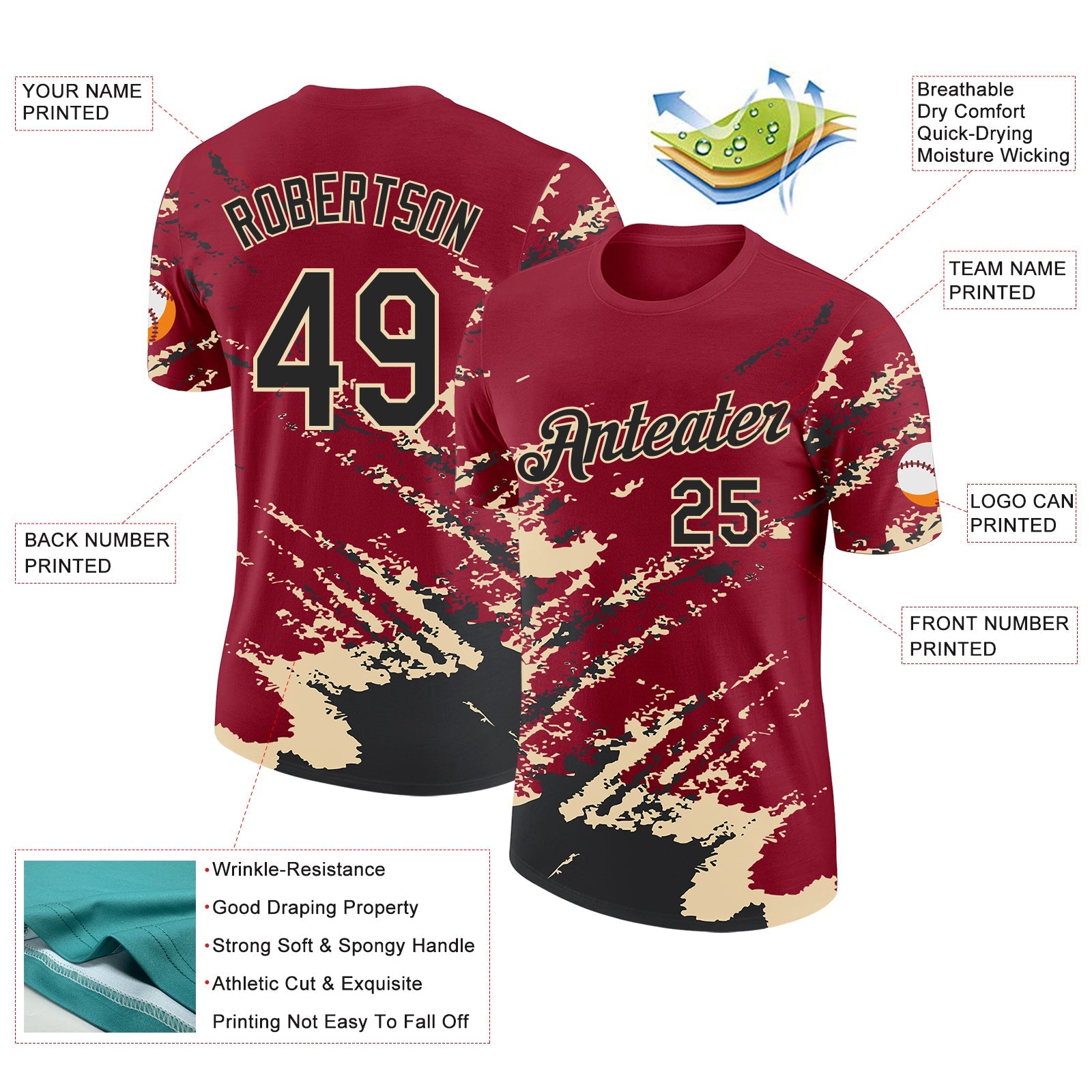 Custom Crimson Black-Cream Brush Stroke Shatter Splatter Performance T-Shirt view 2