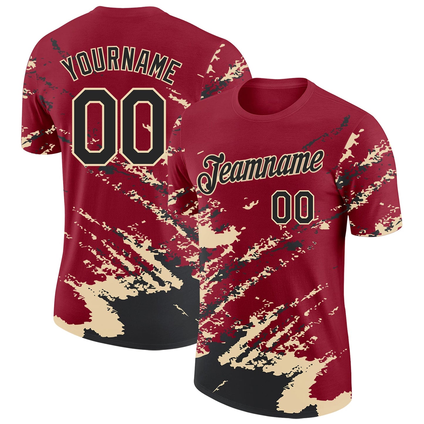 Custom Crimson Black-Cream Brush Stroke Shatter Splatter Performance T-Shirt - Main View