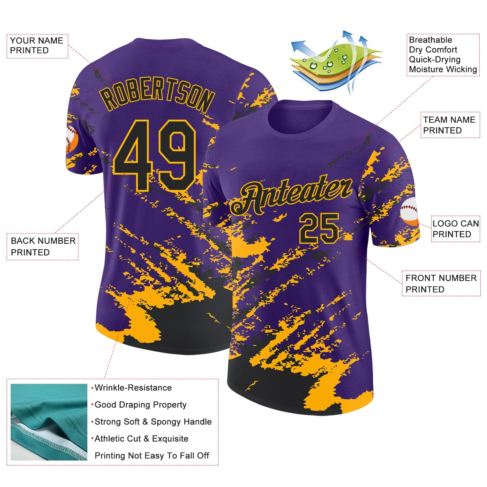 Custom Purple Black-Gold Brush Stroke Shatter Splatter Performance T-Shirt view 2