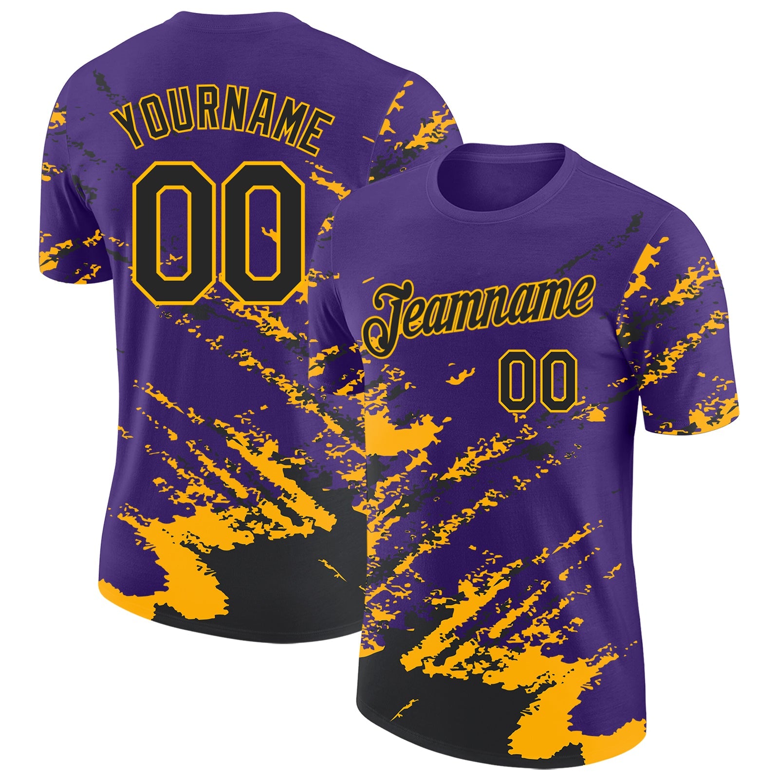 Custom Purple Black-Gold Brush Stroke Shatter Splatter Performance T-Shirt - Main View