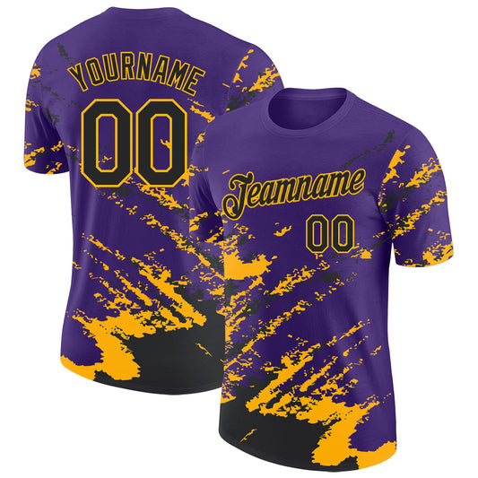 Custom Purple Black-Gold Brush Stroke Shatter Splatter Performance T-Shirt - Main View