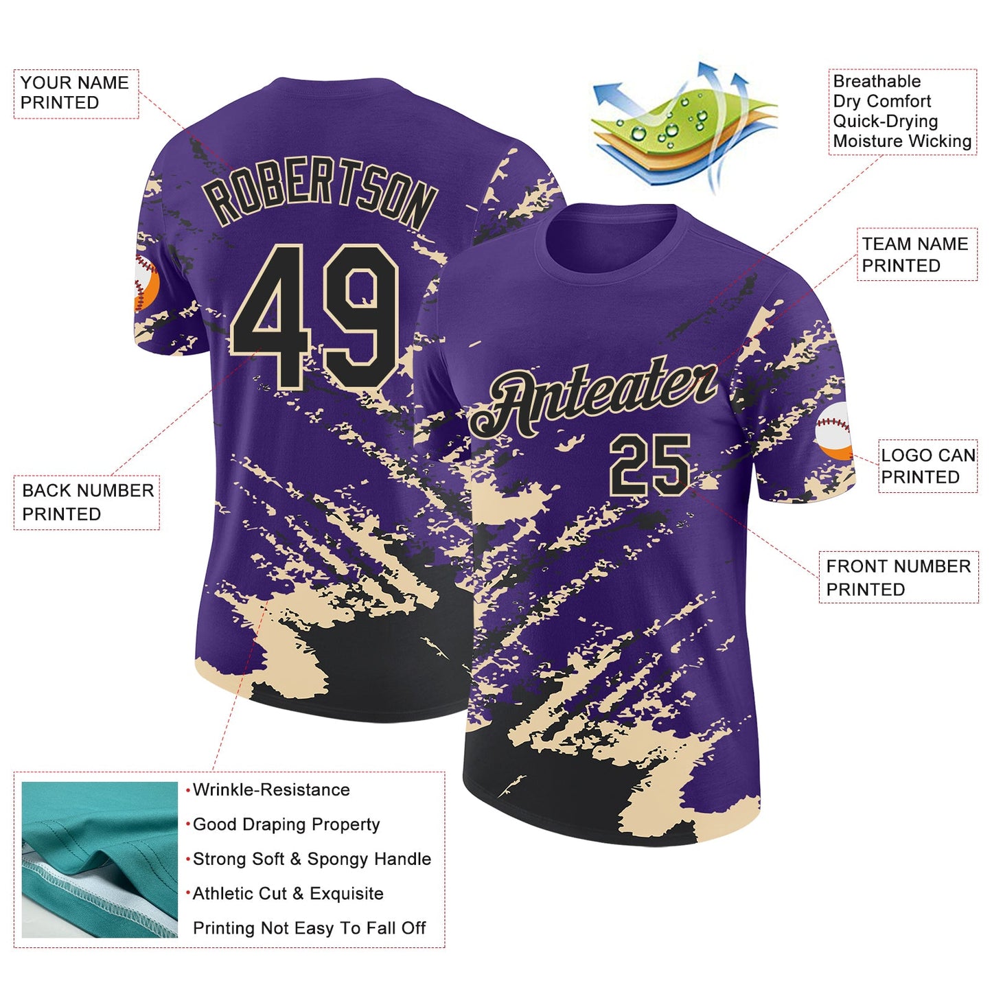 Custom Purple Black-Cream Brush Stroke Shatter Splatter Performance T-Shirt view 2