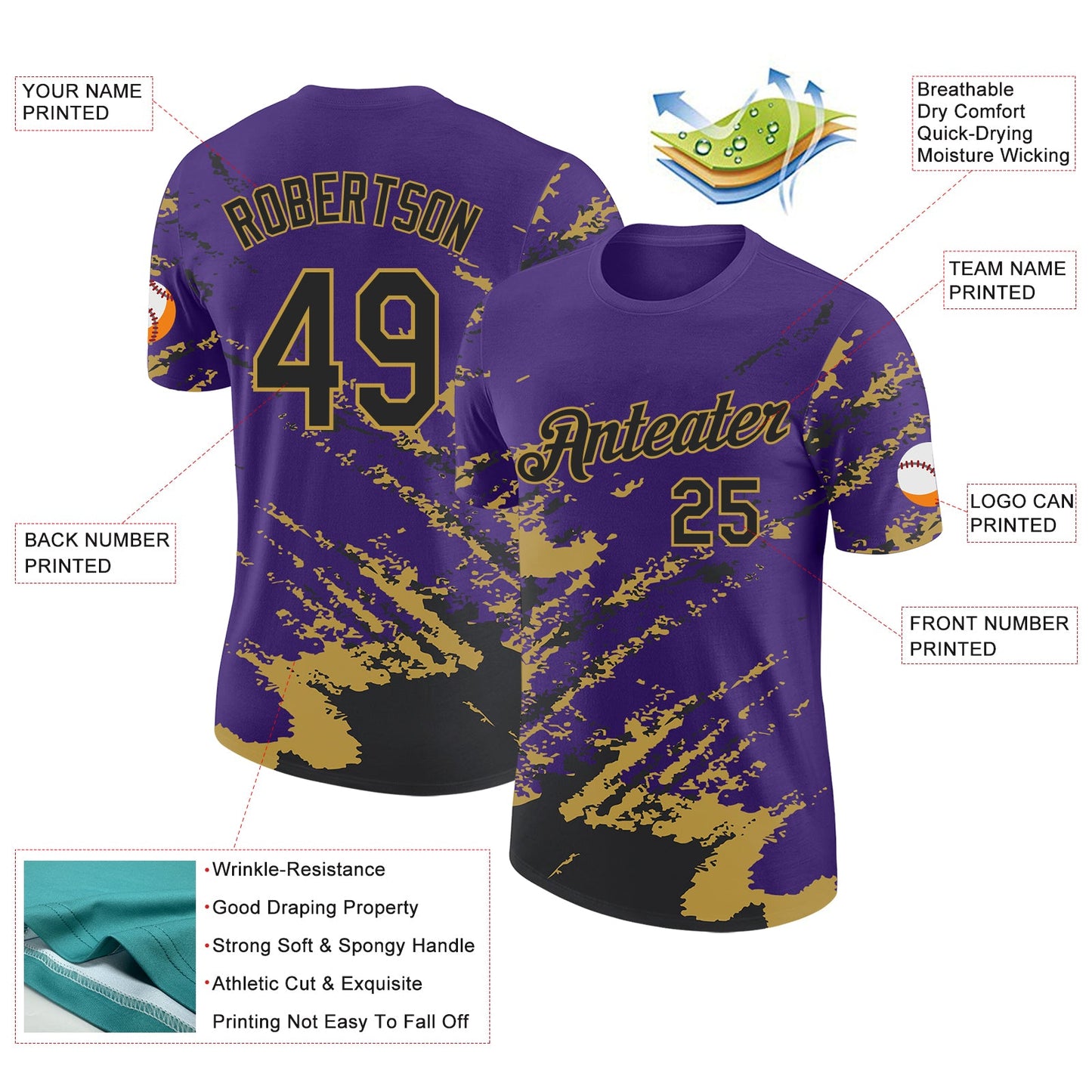 Custom Purple Black-Old Gold Brush Stroke Shatter Splatter Performance T-Shirt view 2