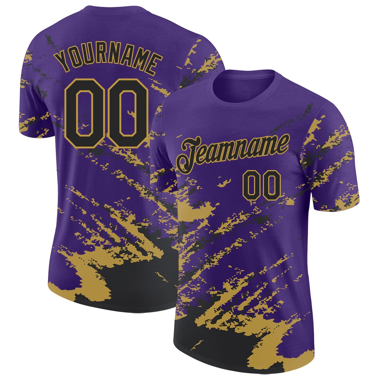 Custom Purple Black-Old Gold Brush Stroke Shatter Splatter Performance T-Shirt - Main View