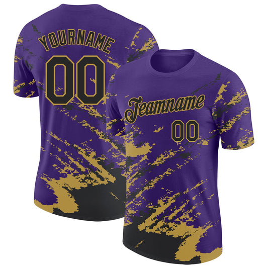 Custom Purple Black-Old Gold Brush Stroke Shatter Splatter Performance T-Shirt - Main View
