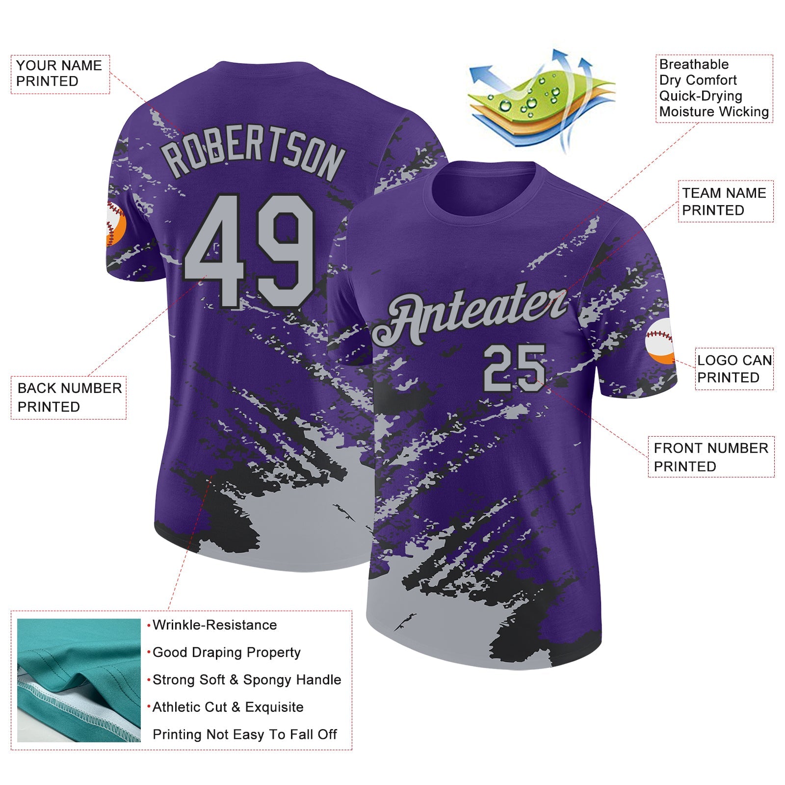Custom Purple Gray-Black Brush Stroke Shatter Splatter Performance T-Shirt view 2