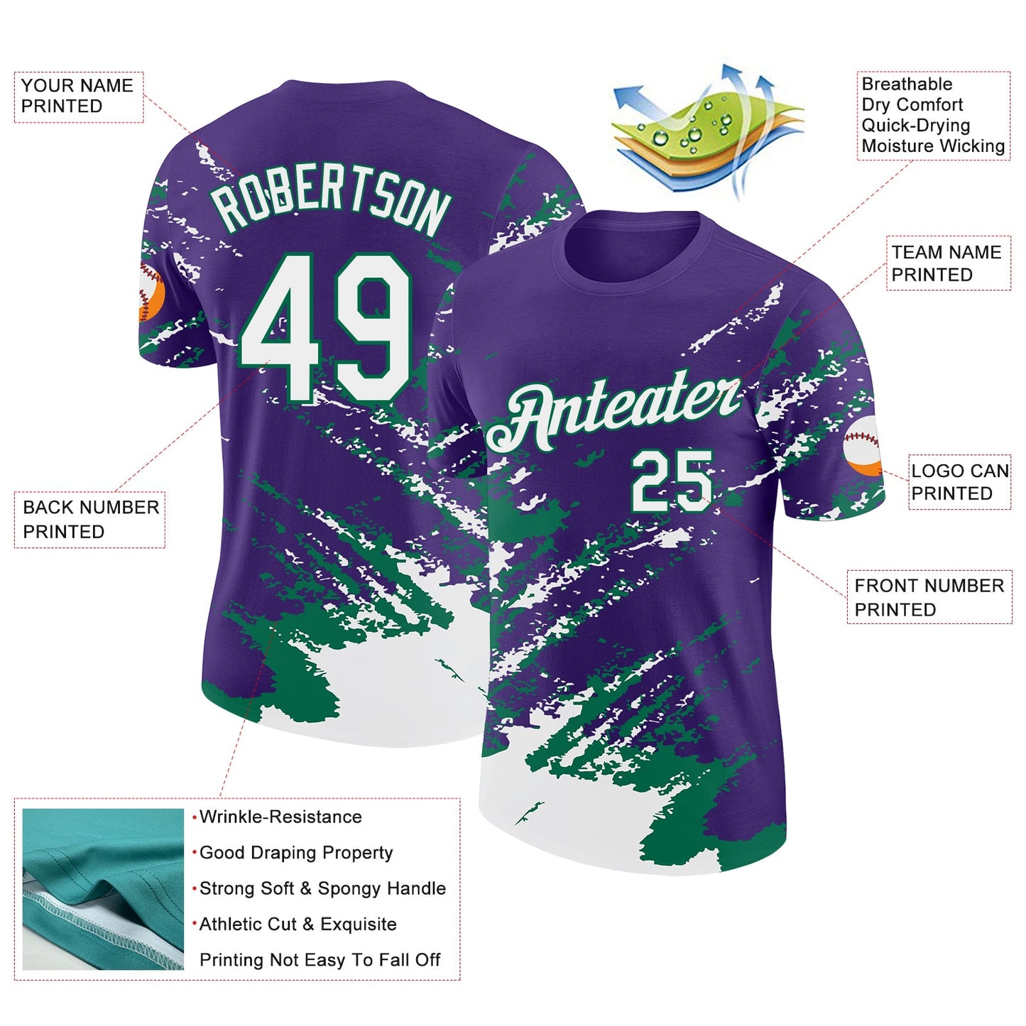 Custom Purple White-Kelly Green Brush Stroke Shatter Splatter Performance T-Shirt view 2
