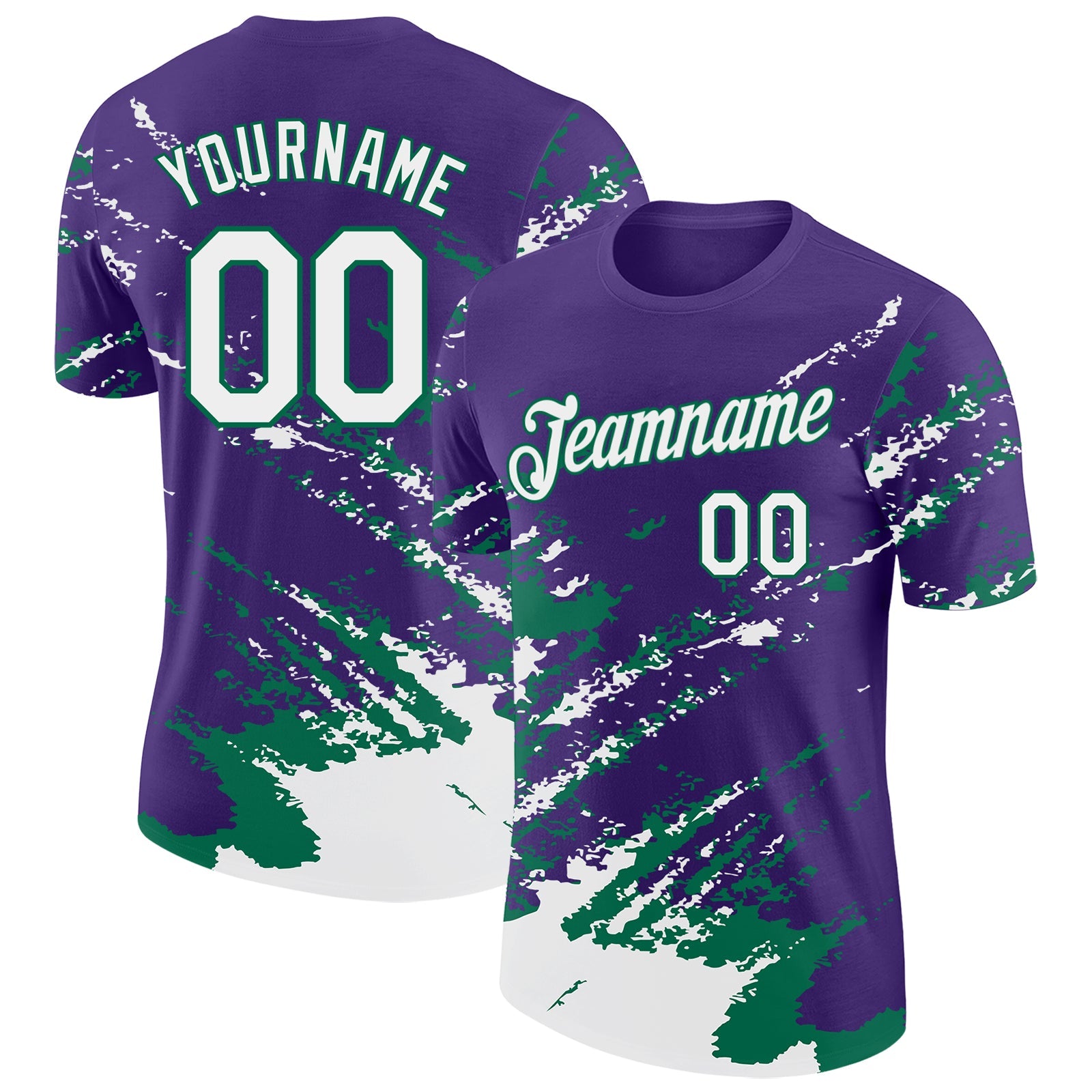 Custom Purple White-Kelly Green Brush Stroke Shatter Splatter Performance T-Shirt - Main View
