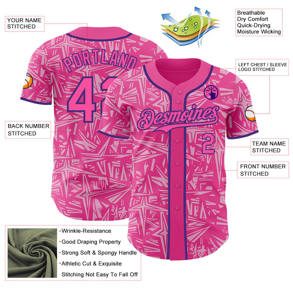 Custom Pink Light Pink-Purple Geometric Cyber Starburst Authentic Baseball Jersey view 3