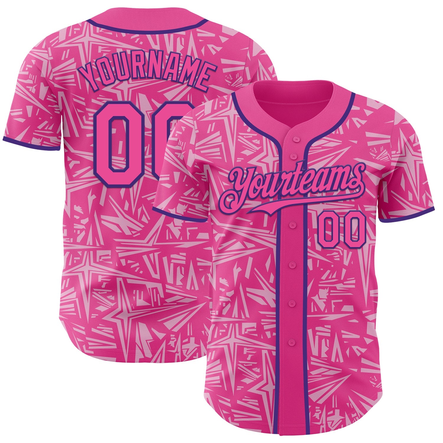 Custom Pink Light Pink-Purple Geometric Cyber Starburst Authentic Baseball Jersey - Main View