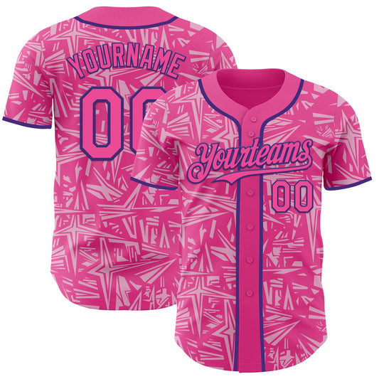 Custom Pink Light Pink-Purple Geometric Cyber Starburst Authentic Baseball Jersey - Main View